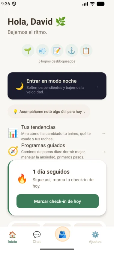 Pantalla de inicio de Acompáñame.